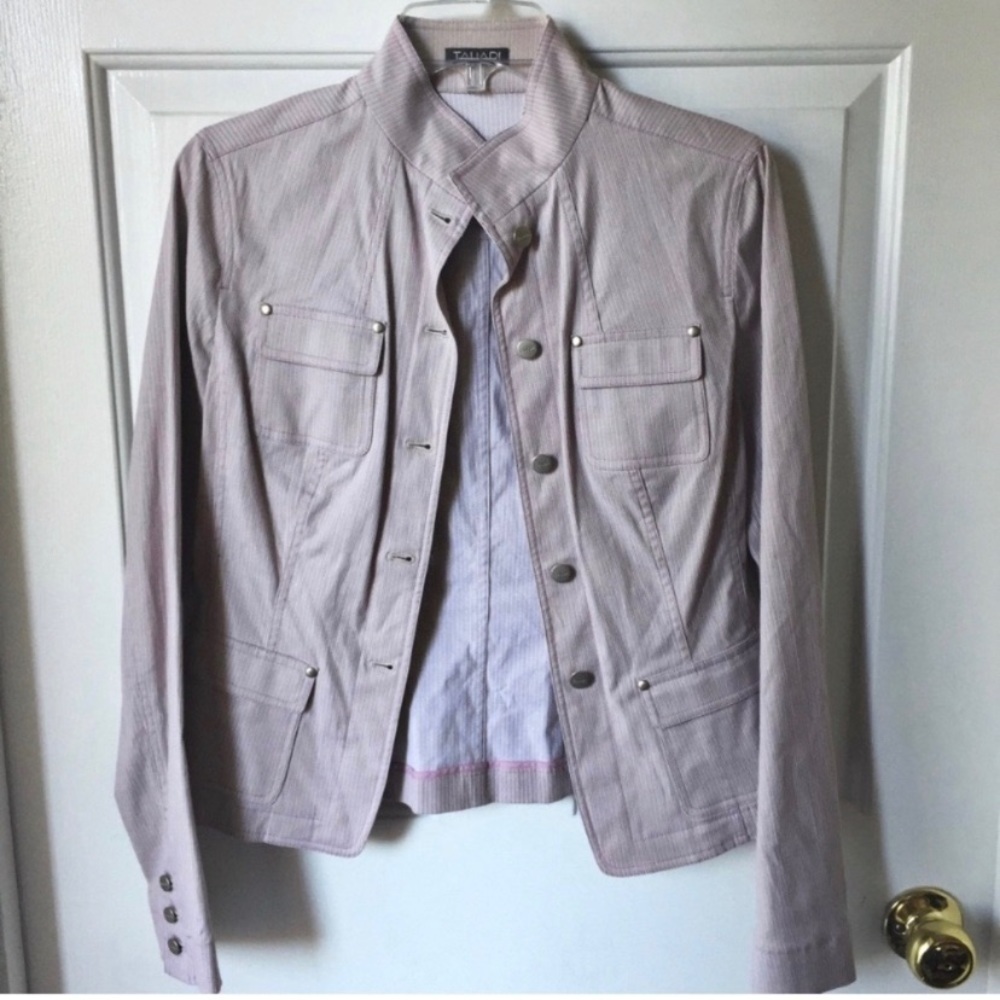 Tahari Pinstripe Trucker Jacket Beige Size S - Picture 6 of 6